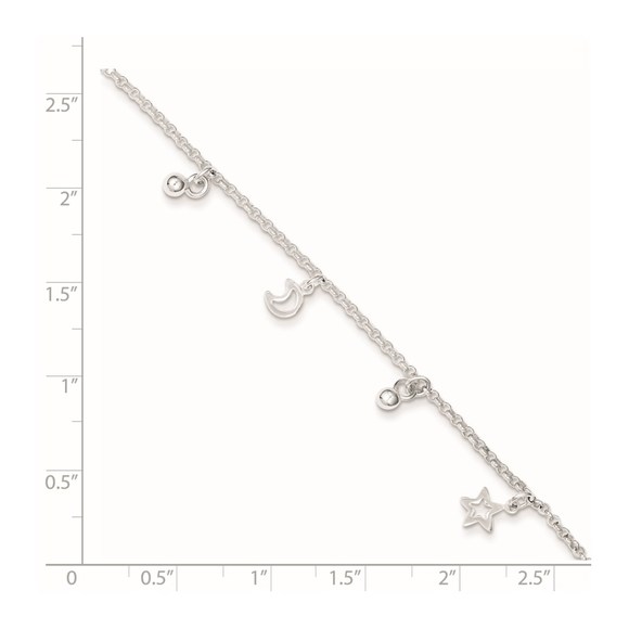 925 Sterling Silver Bead Star Charm and Moon 9" Plus 1" Ext. Fine Jewelry Anklet - Picture 2 of 8